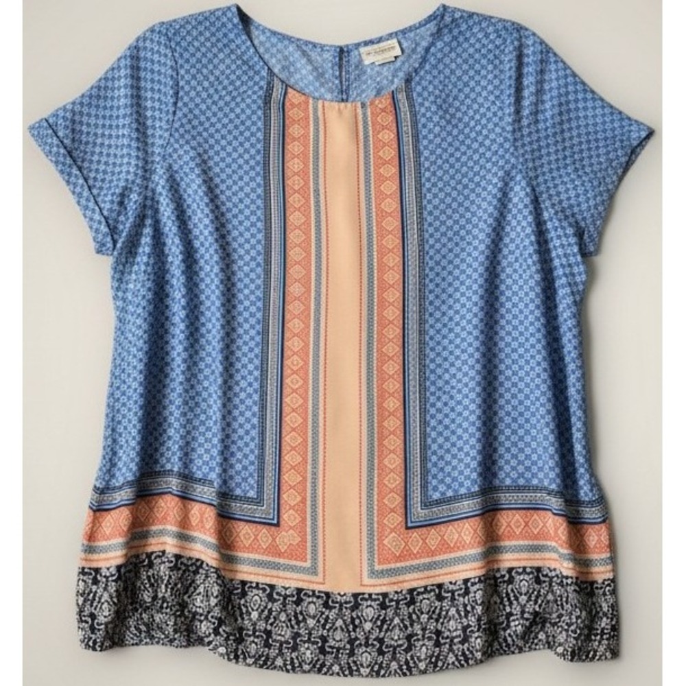 Liz Claiborne Women's 1X Blue Geometric Border Print Top Short Sleeve Plus Size